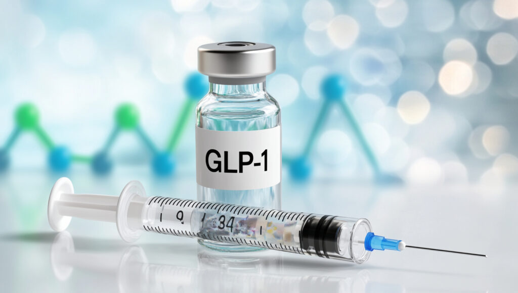 syringe and vial labeled GLP 1 are prominently displayed, symbolizing medical advancements and treatments. background features blurred, colorful pattern, enhancing focus on medical items